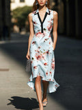 Light Blue Satin Floral Dress With Black Collar Trim