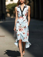 Light Blue Satin Floral Dress With Black Collar Trim