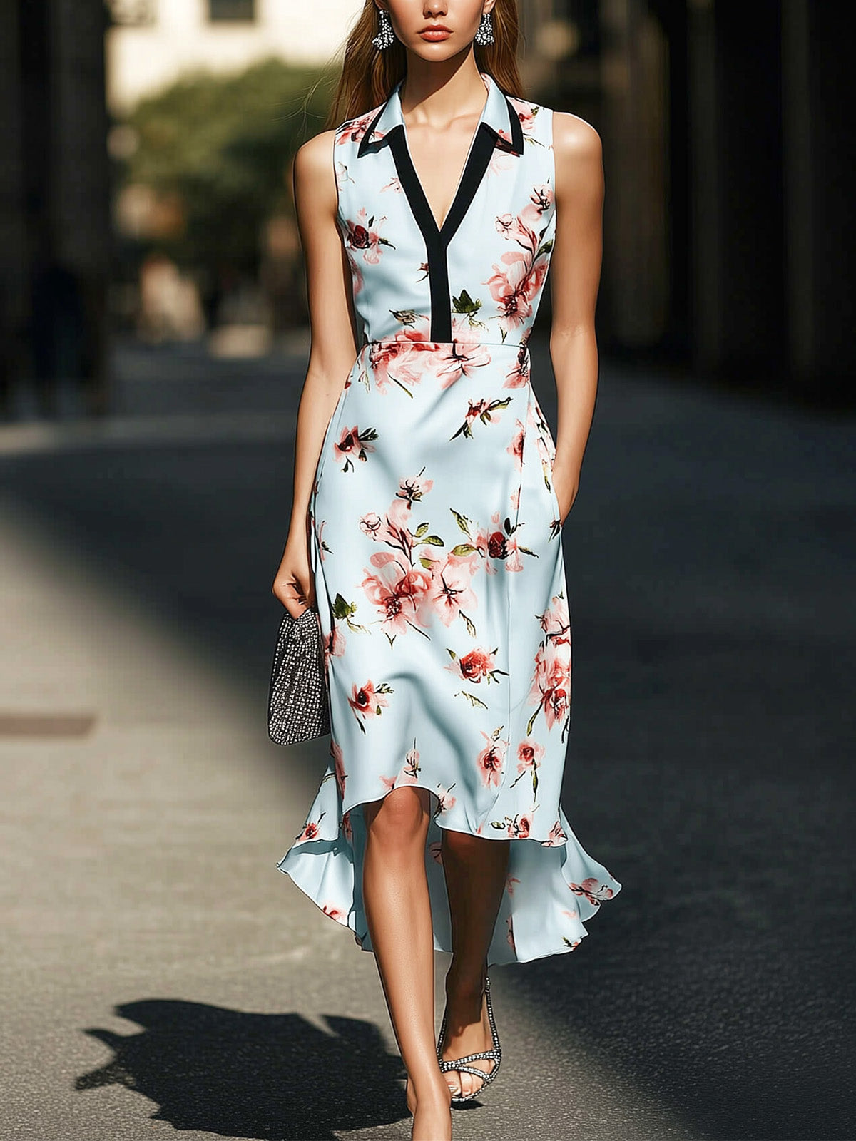 Light Blue Satin Floral Dress With Black Collar Trim