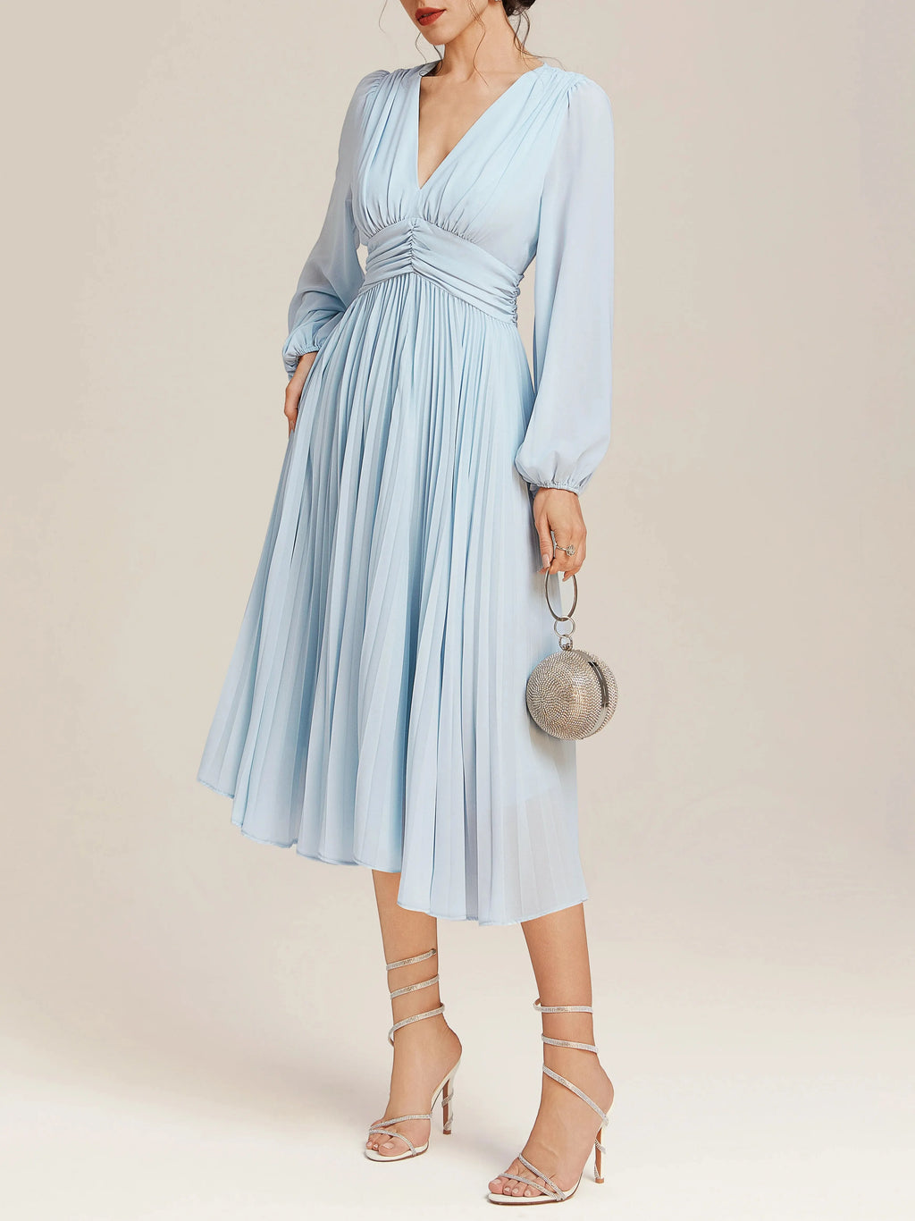 Light Blue Pleated Ruched Balloon Sleeve A-Line Midi Chiffon Dress