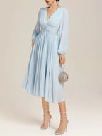 Light Blue Pleated Ruched Balloon Sleeve A-Line Midi Chiffon Dress
