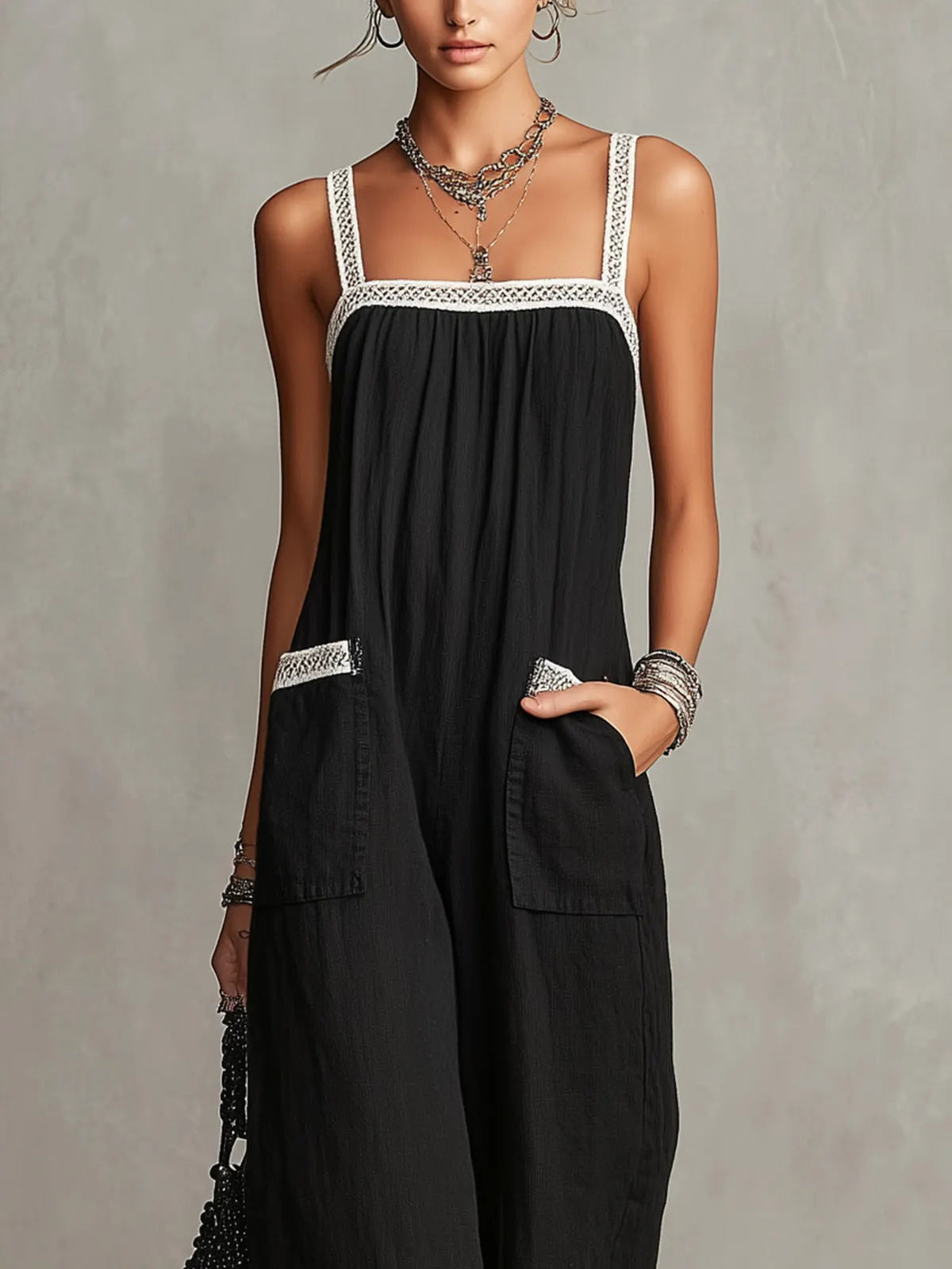 Black Crochet-Trim Wide-Leg Jumpsuit