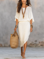 Bohemian Style Batwing Sleeve Top And Skirt Knit Set