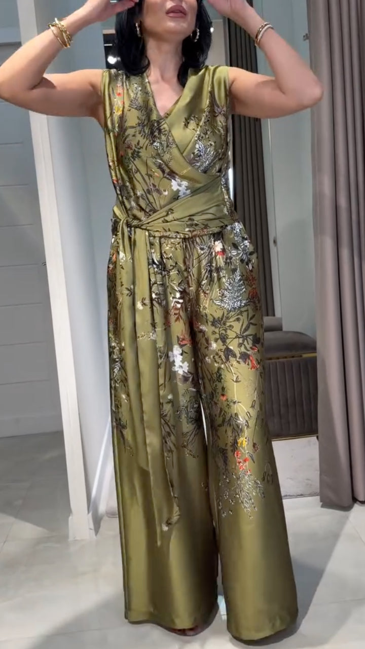 Women's V-Neck Printed Satin Casual Set