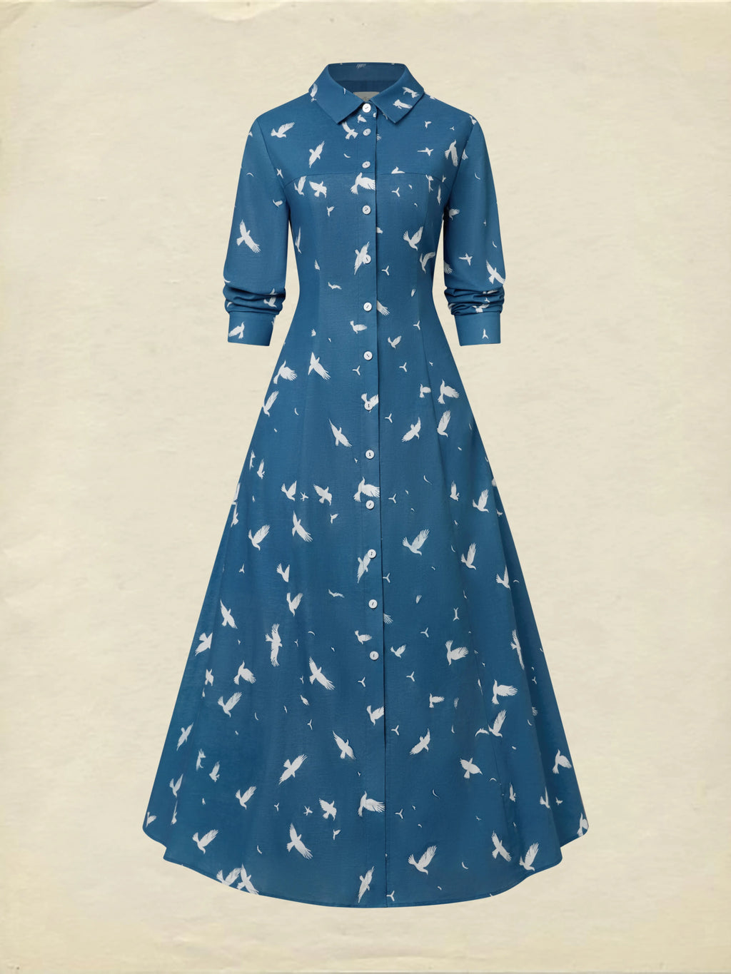 Maxi Linen Dress, Long Sleeves, Shawl Collar, Bird, Button Design, Vintage, Blue