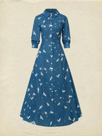 Maxi Linen Dress, Long Sleeves, Shawl Collar, Bird, Button Design, Vintage, Blue