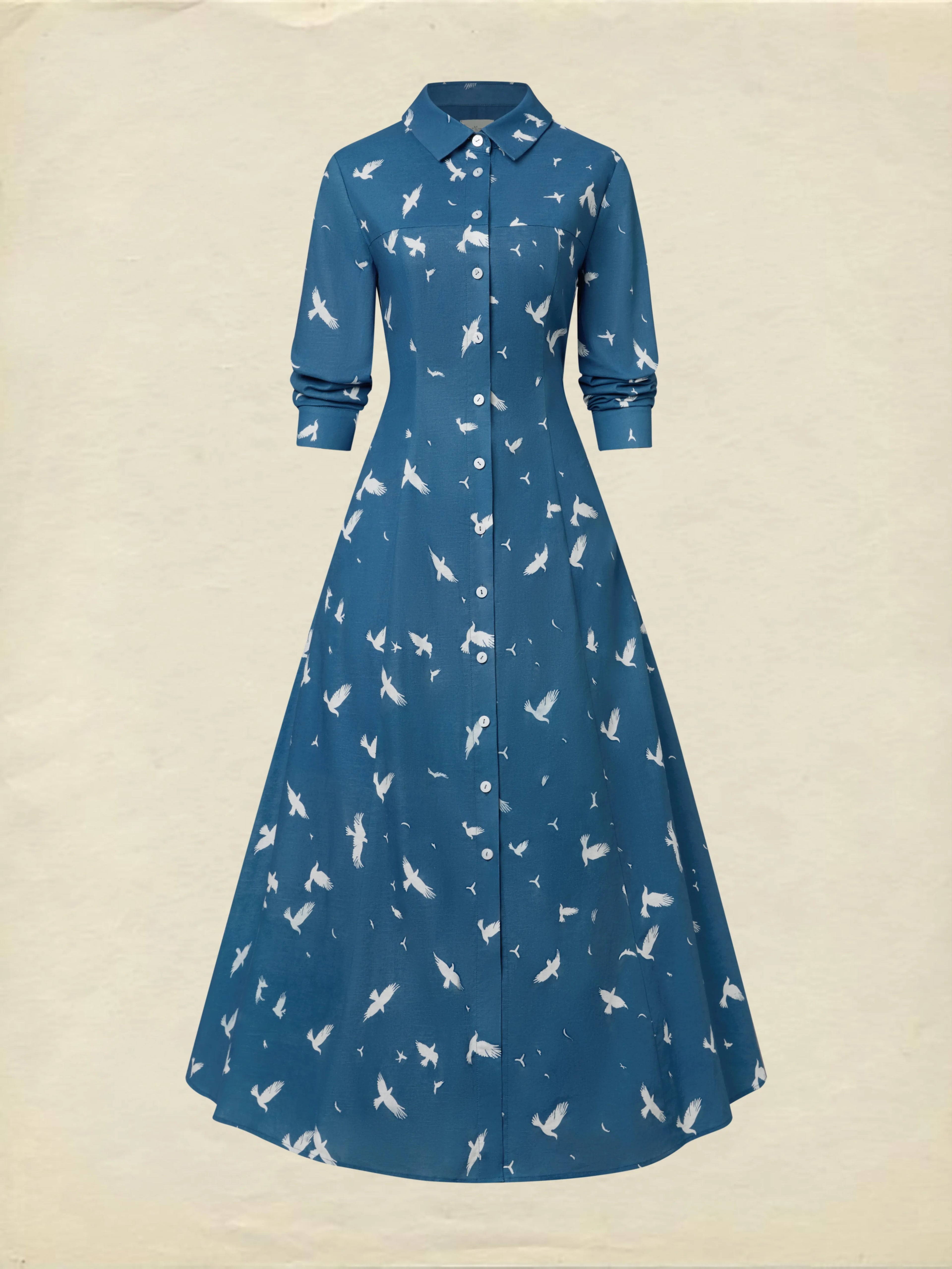 Maxi Linen Dress, Long Sleeves, Shawl Collar, Bird, Button Design, Vintage, Blue