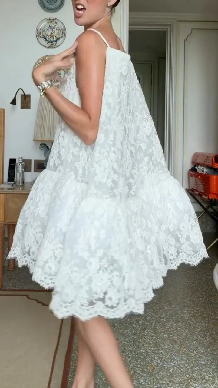 White Lace Sleeveless Swing Mini Dress