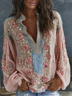 Women's Spring Floral Embroidered Art Print Flowy Linen Blend Casual Shirt