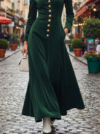 Maxi Cotton Dress, Long Sleeves, Shawl Collar, Plain, Button Design, Vintage, Green