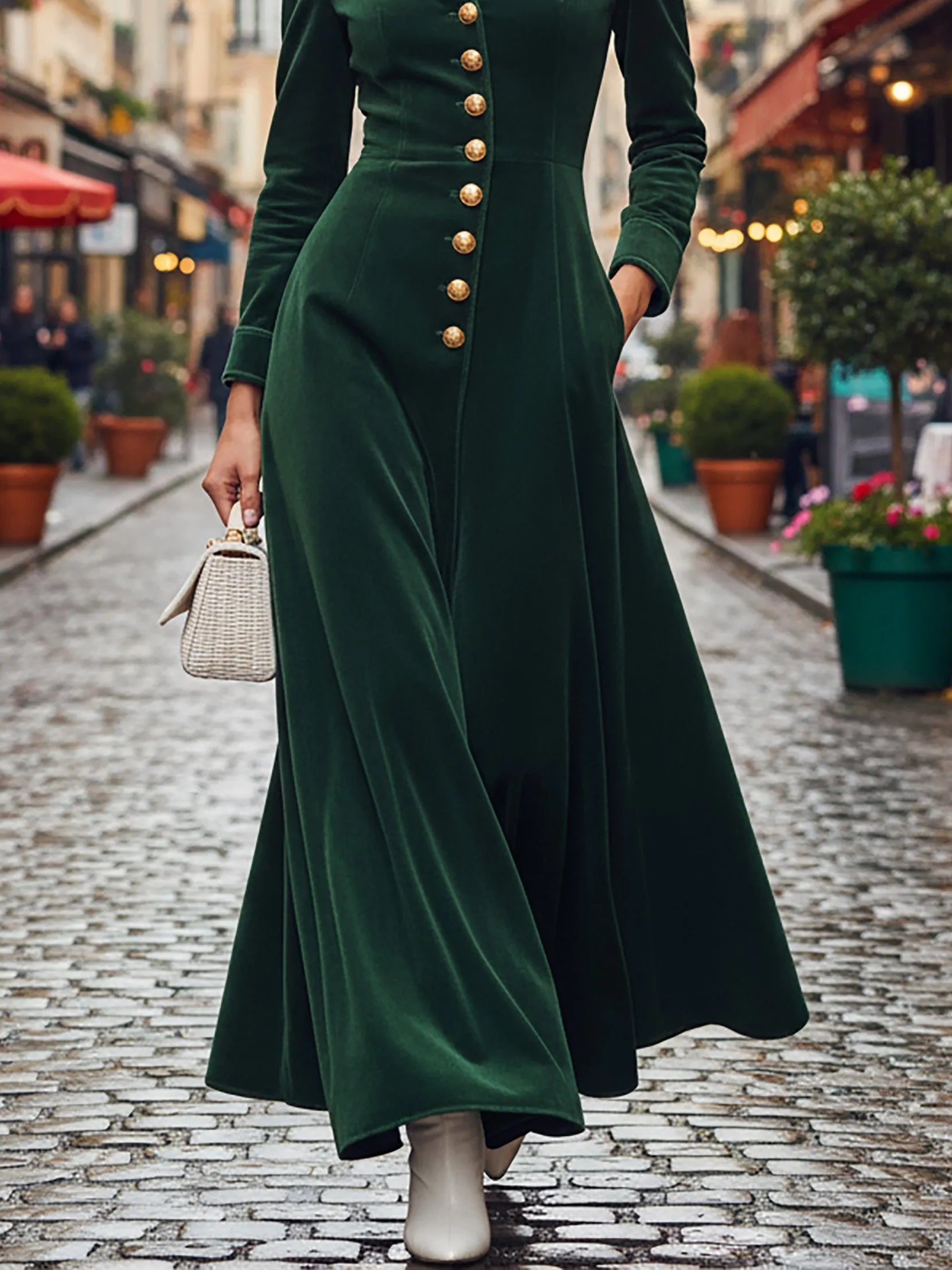 Maxi Cotton Dress, Long Sleeves, Shawl Collar, Plain, Button Design, Vintage, Green