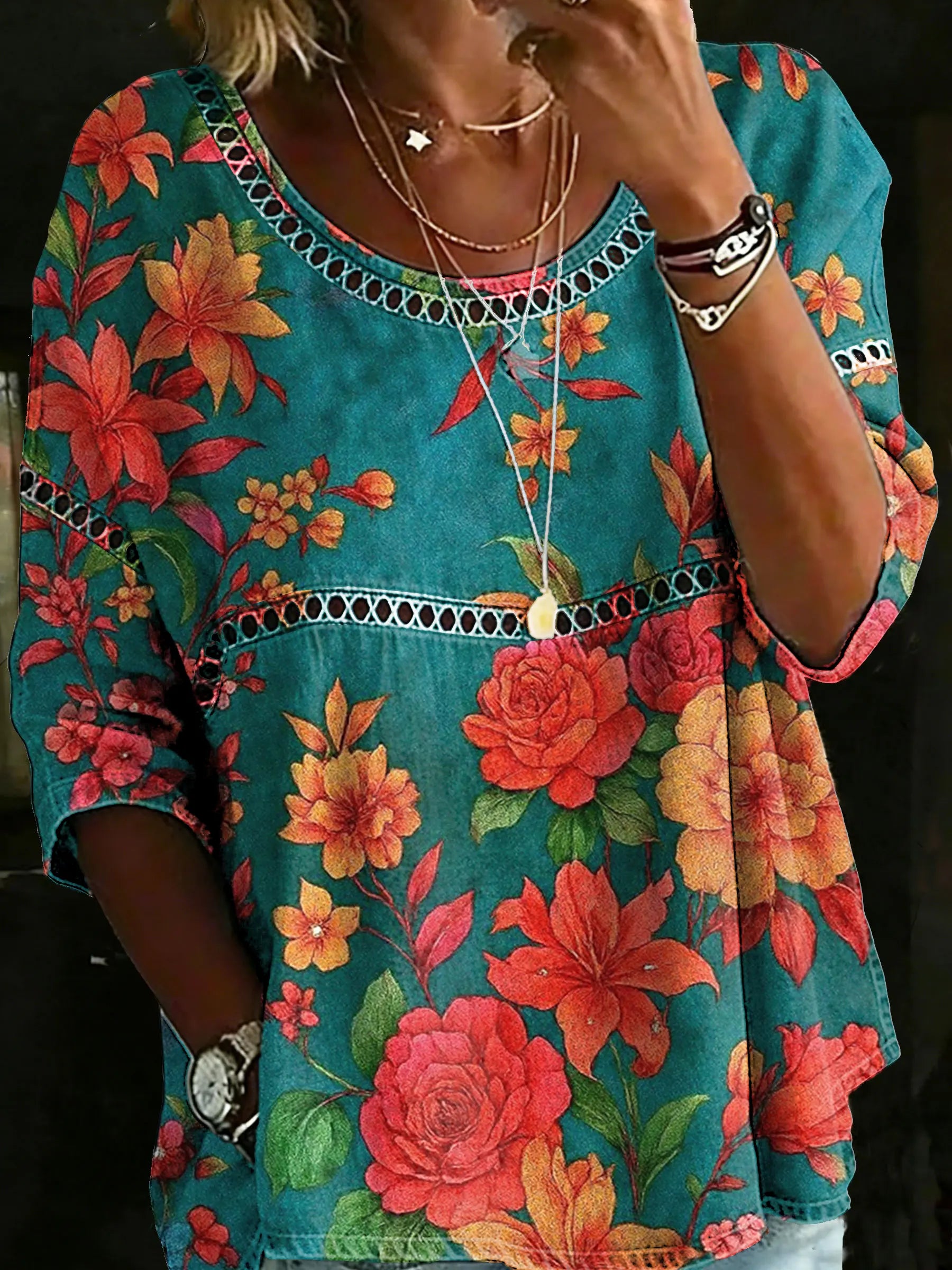 Women's Vintage Multicolor Ethnic Floral Casual Loose Denim Blouse Shirt