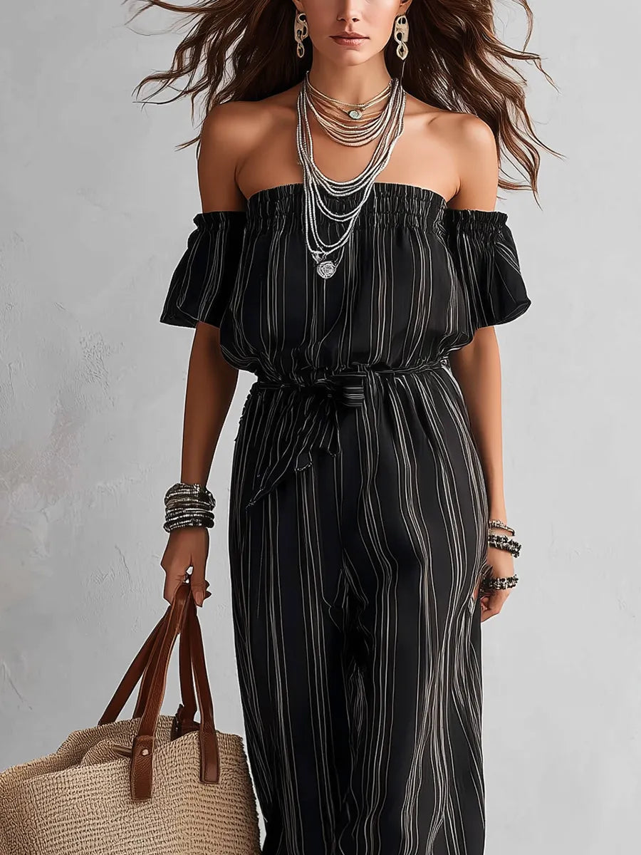 Bohemian Style Black Off-shoulder Striped Jumpsuit