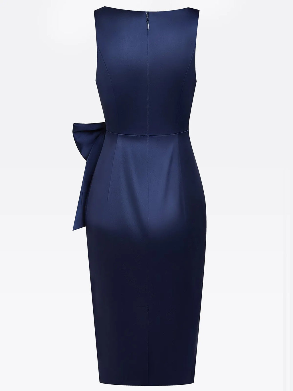 Purplish Blue Hotfix Embellished Bow Satin Square Neck Sleeveless Sheath Midi Dress