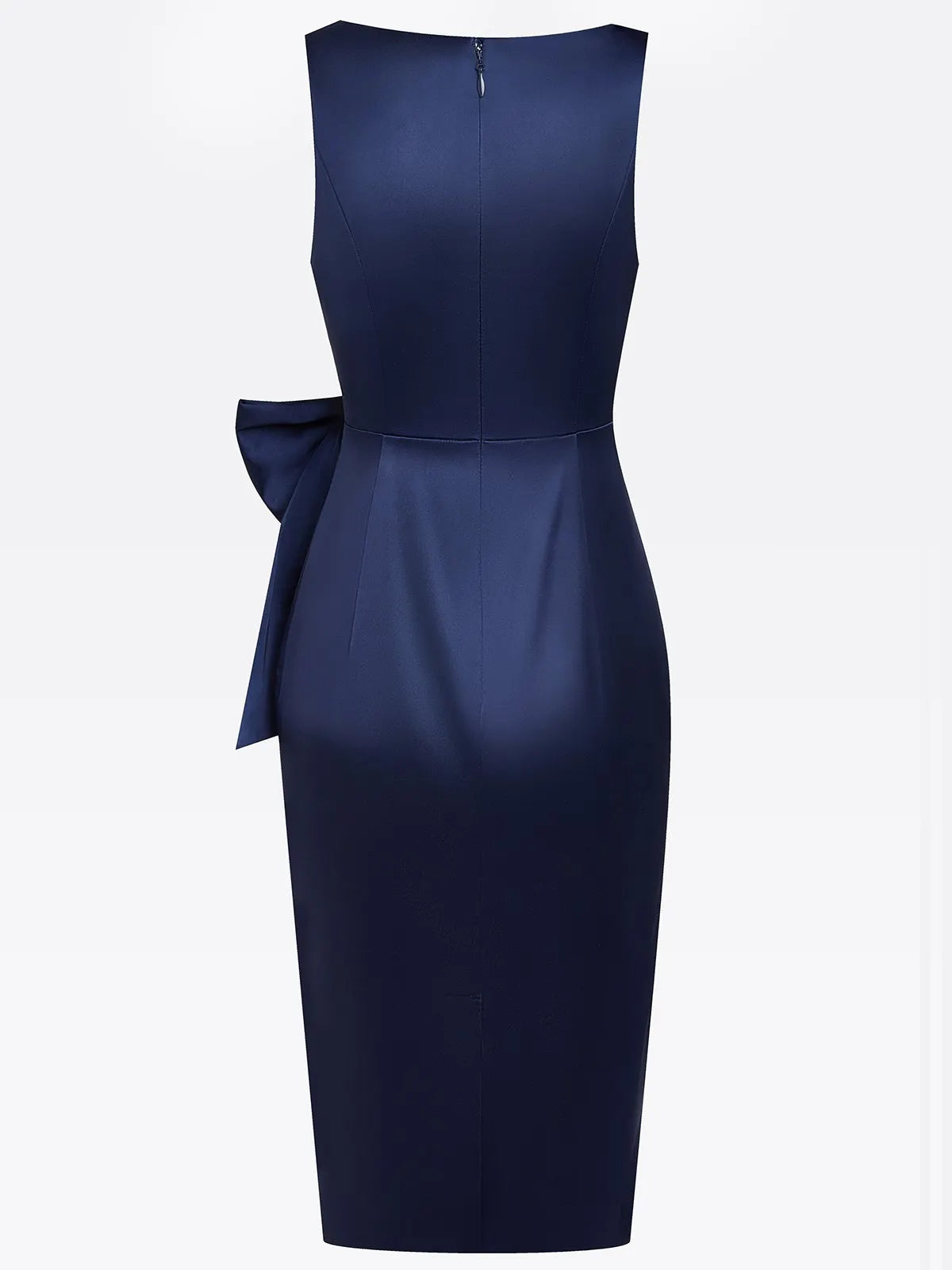 Purplish Blue Hotfix Embellished Bow Satin Square Neck Sleeveless Sheath Midi Dress