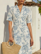 Maxi Linen Dress, Short Sleeves, Lapel Collar, Paisley, Floral, Button Design, Vintage, Blue