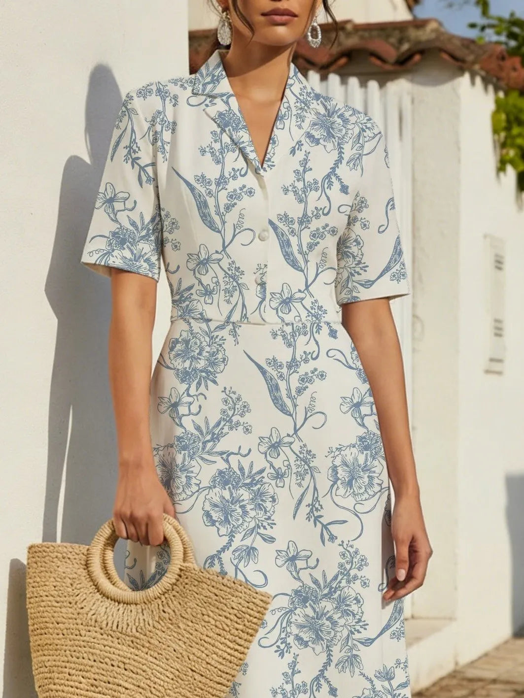 Maxi Linen Dress, Short Sleeves, Lapel Collar, Paisley, Floral, Button Design, Vintage, Blue