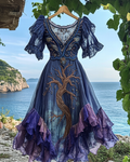 Summer Viking Tribal Celtic Tree of Life Gradient Lace Splicing Ruffle Dress e8c9