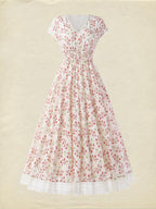 (SIZE:XS-XXL) Linen Maxi Dress, Short Sleeve, Lace Collar, Floral, Vintage, White