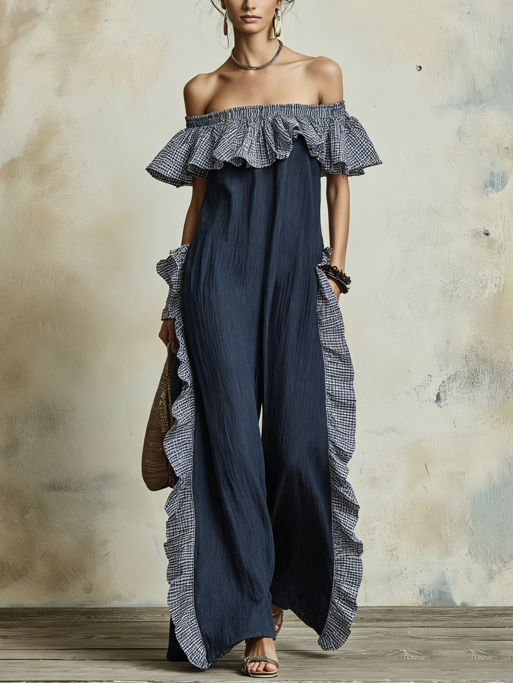Off-Shoulder Ruffled Gingham Trim Crinkled Denim Wide-Leg Jumpsuit
