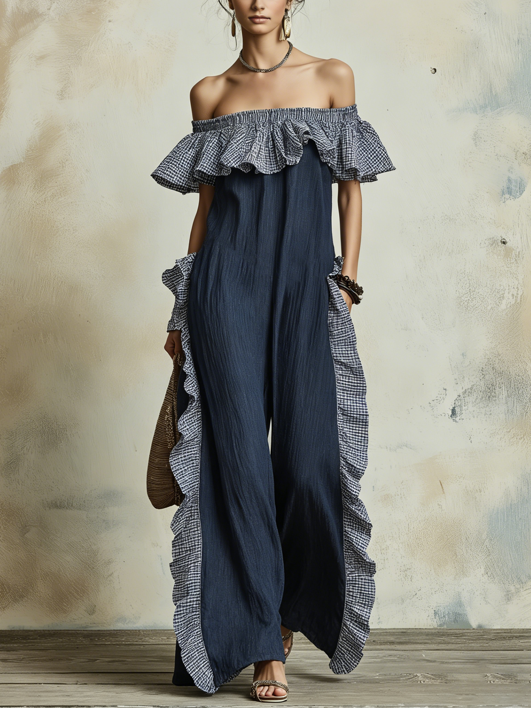 Off-Shoulder Ruffled Gingham Trim Crinkled Denim Wide-Leg Jumpsuit