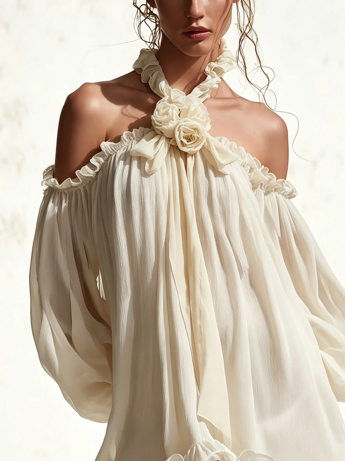 Cream Off Shoulder Chiffon Mini Dress With 3D Flower