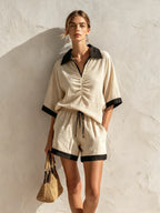 Beige Linen-Blend Contrast Trim Ruched Top & Drawstring Shorts Two-Piece Set
