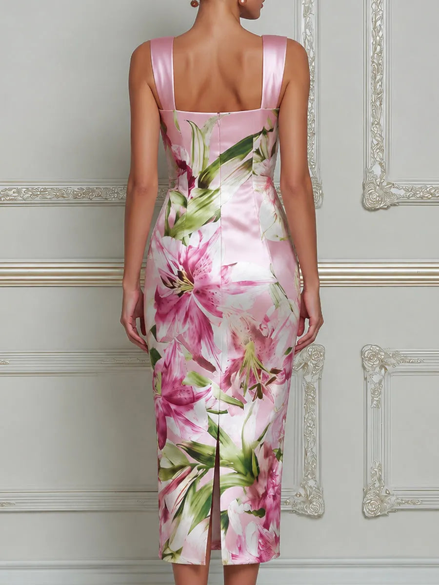 Elegant Floral Square Neck Midi Dress