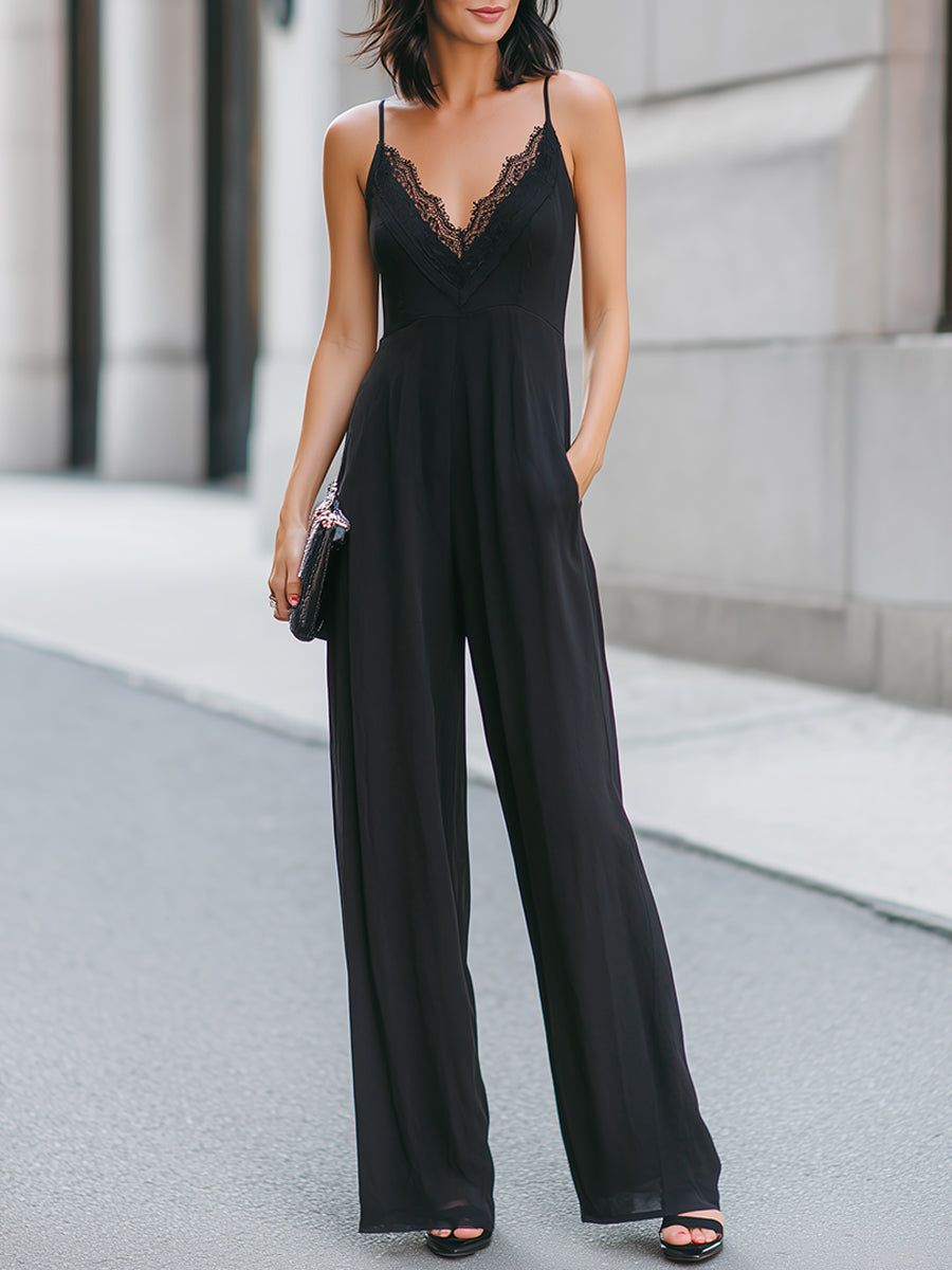Lace-Trim V-Neck Cami Wide-Leg Jumpsuit