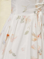Midi Linen Dress, Short Sleeves, V Neck, Floral, Vintage, White