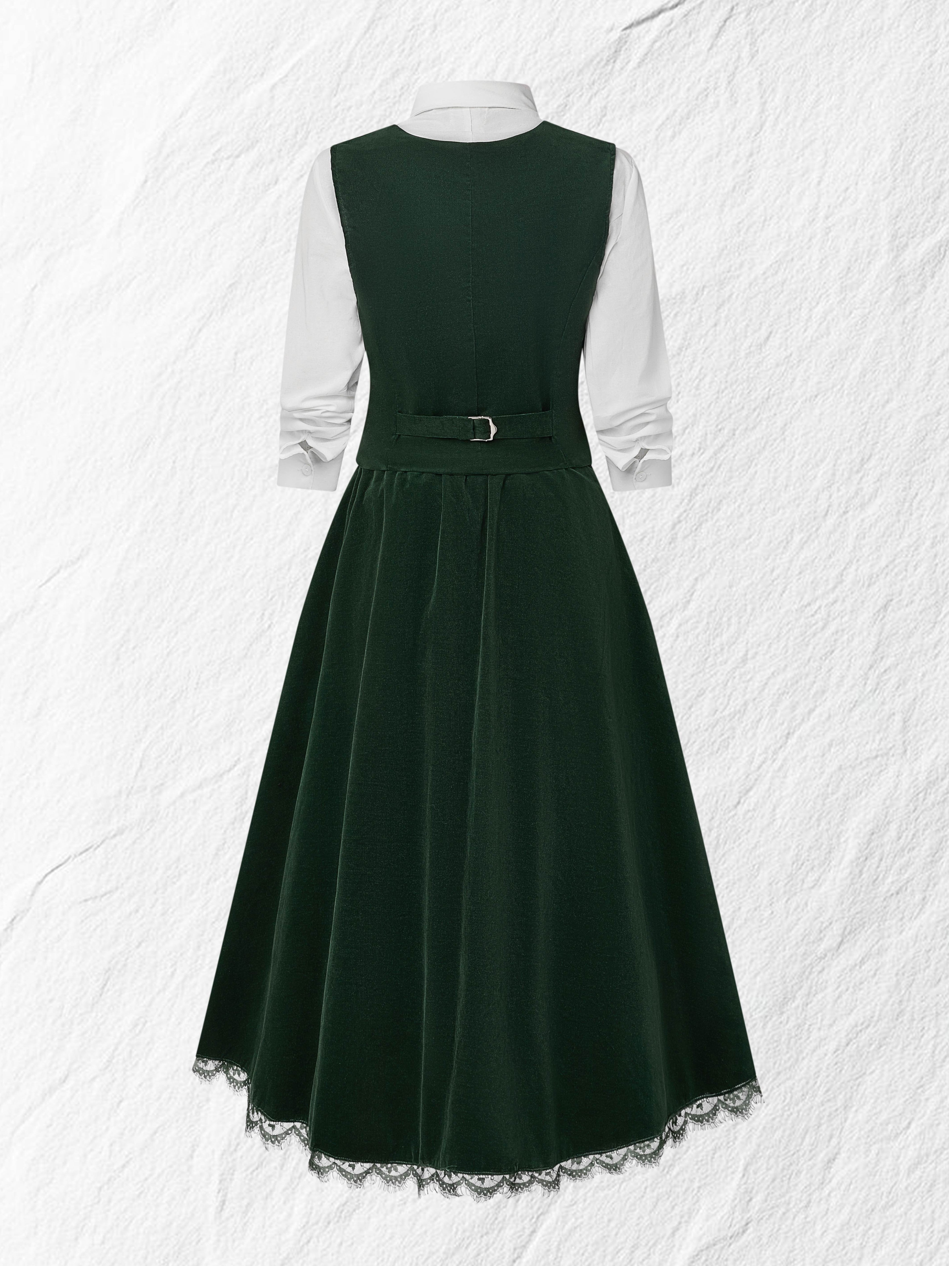 Midi Cotton Skirt (Shirt and Vest Not Included), Plain, Pocket Design, Vintage, Green