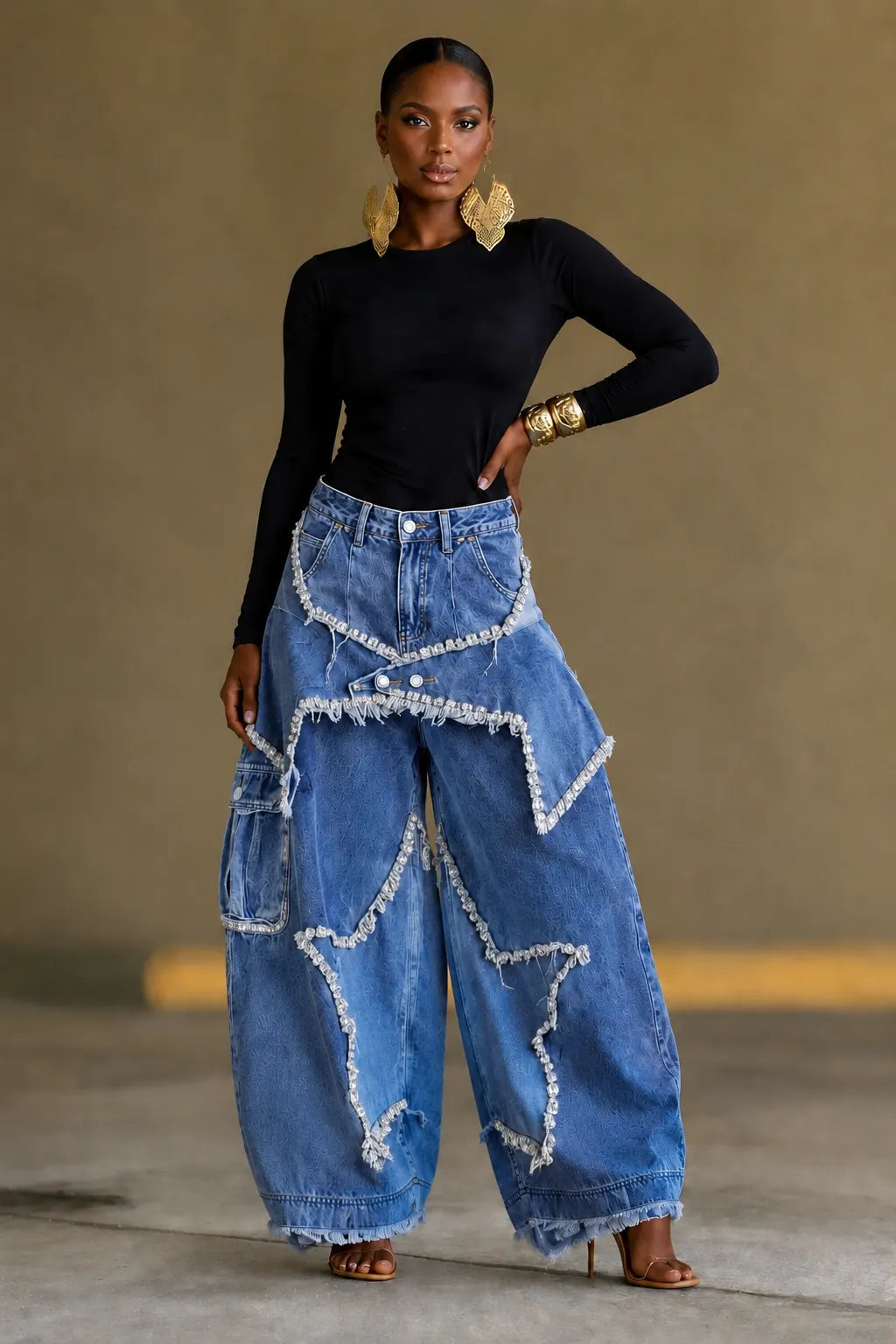 Fringe Rhinestone Star Cargo Wide Leg Jeans