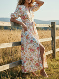 Maxi Linen Dress, Half Sleeve, V Neck, Floral, Button-decorated, Vacation, Vintage, White