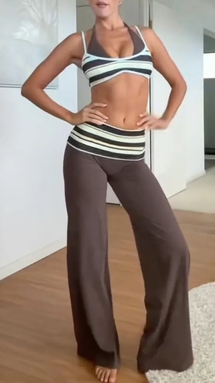 Striped Sports Bra & Fold Waist Brown Flare Pants Set