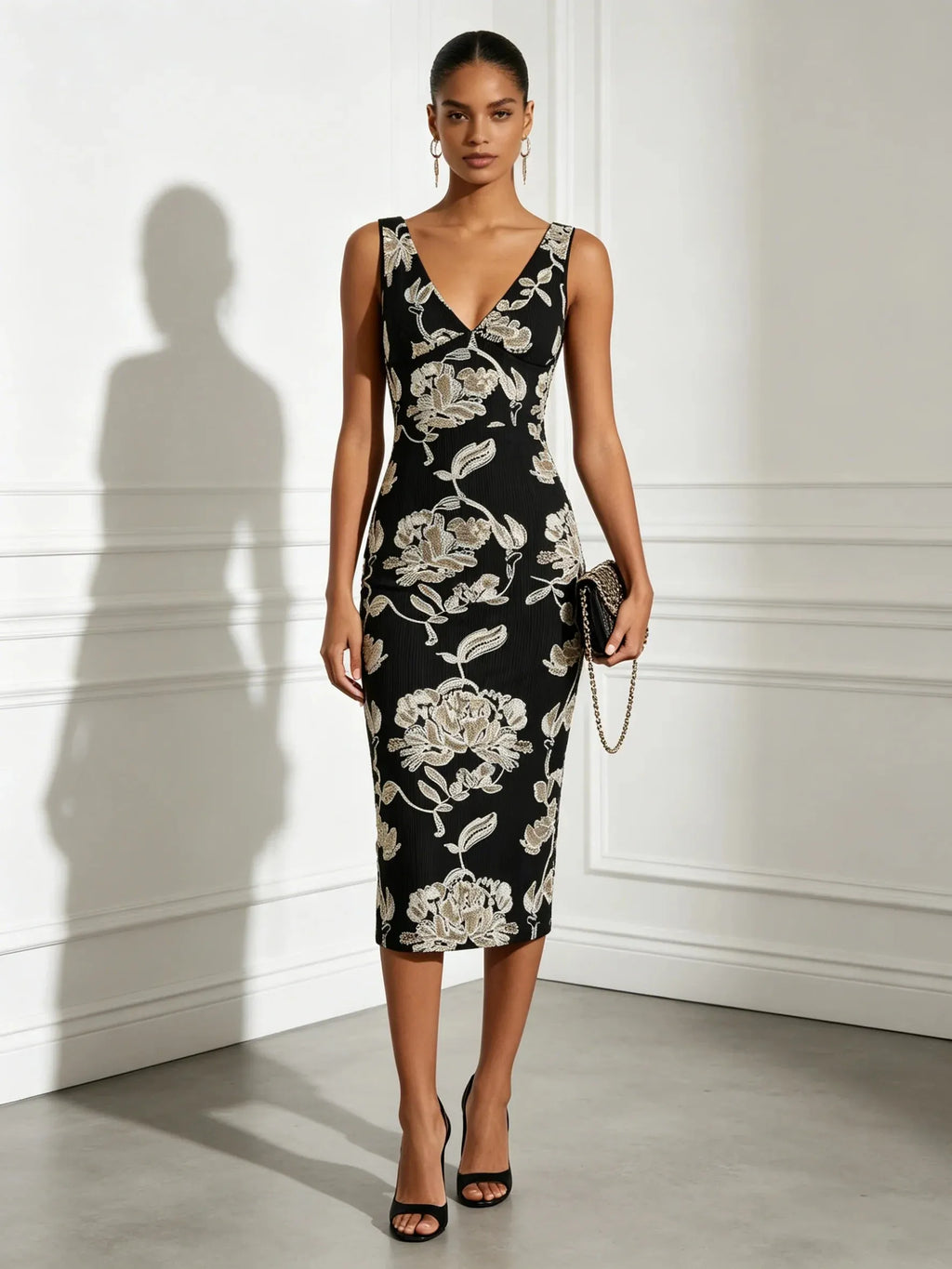 Black Jacquard Classic V Neck Sleeveless Sheath Midi Dress