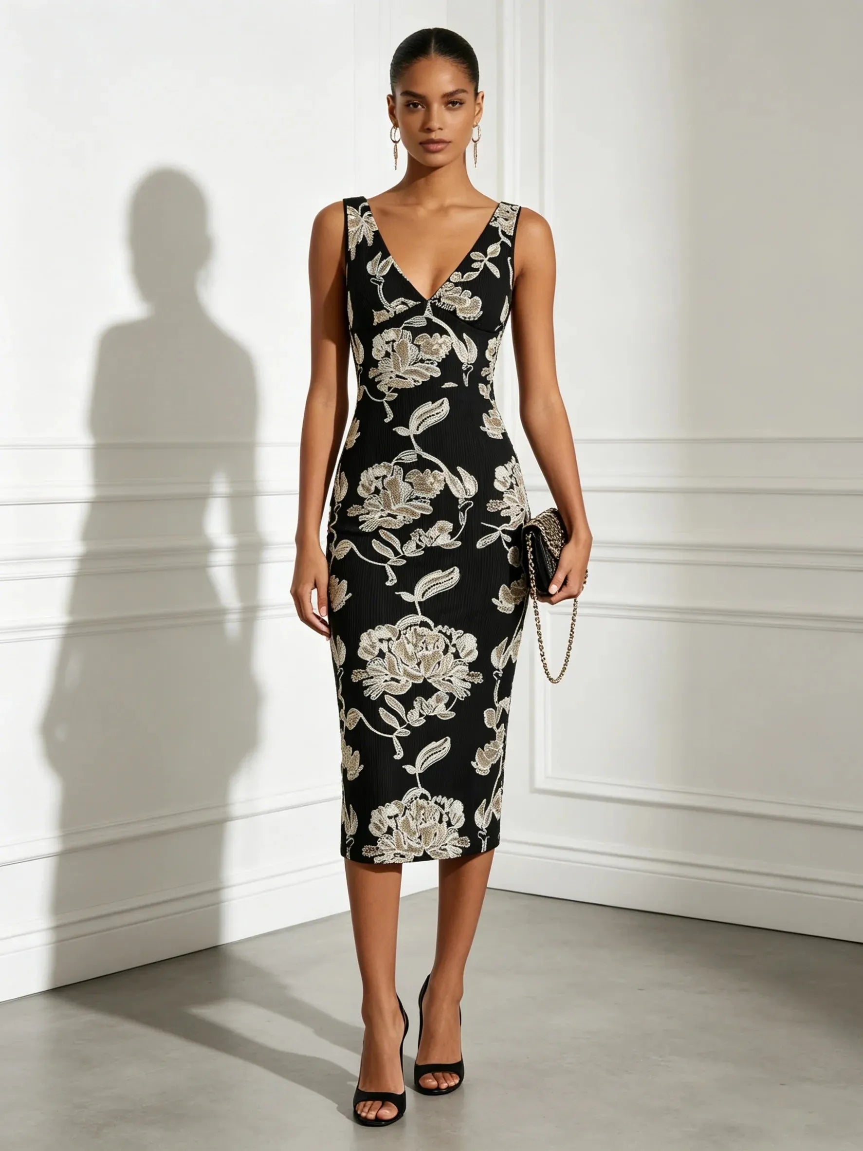 Black Jacquard Classic V Neck Sleeveless Sheath Midi Dress
