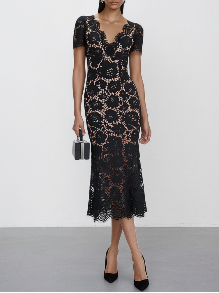 Black Lace Edge Cotton V Neck Short Sleeve Mermaid Midi Dress