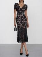 Black Lace Edge Cotton V Neck Short Sleeve Mermaid Midi Dress