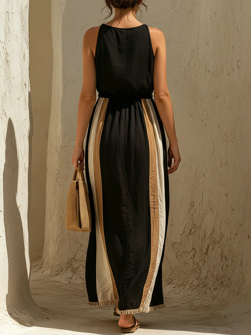 Black & Beige Color-Block Linen-Cotton Deep V-Neck Drawstring Maxi Dress