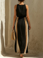 Black & Beige Color-Block Linen-Cotton Deep V-Neck Drawstring Maxi Dress