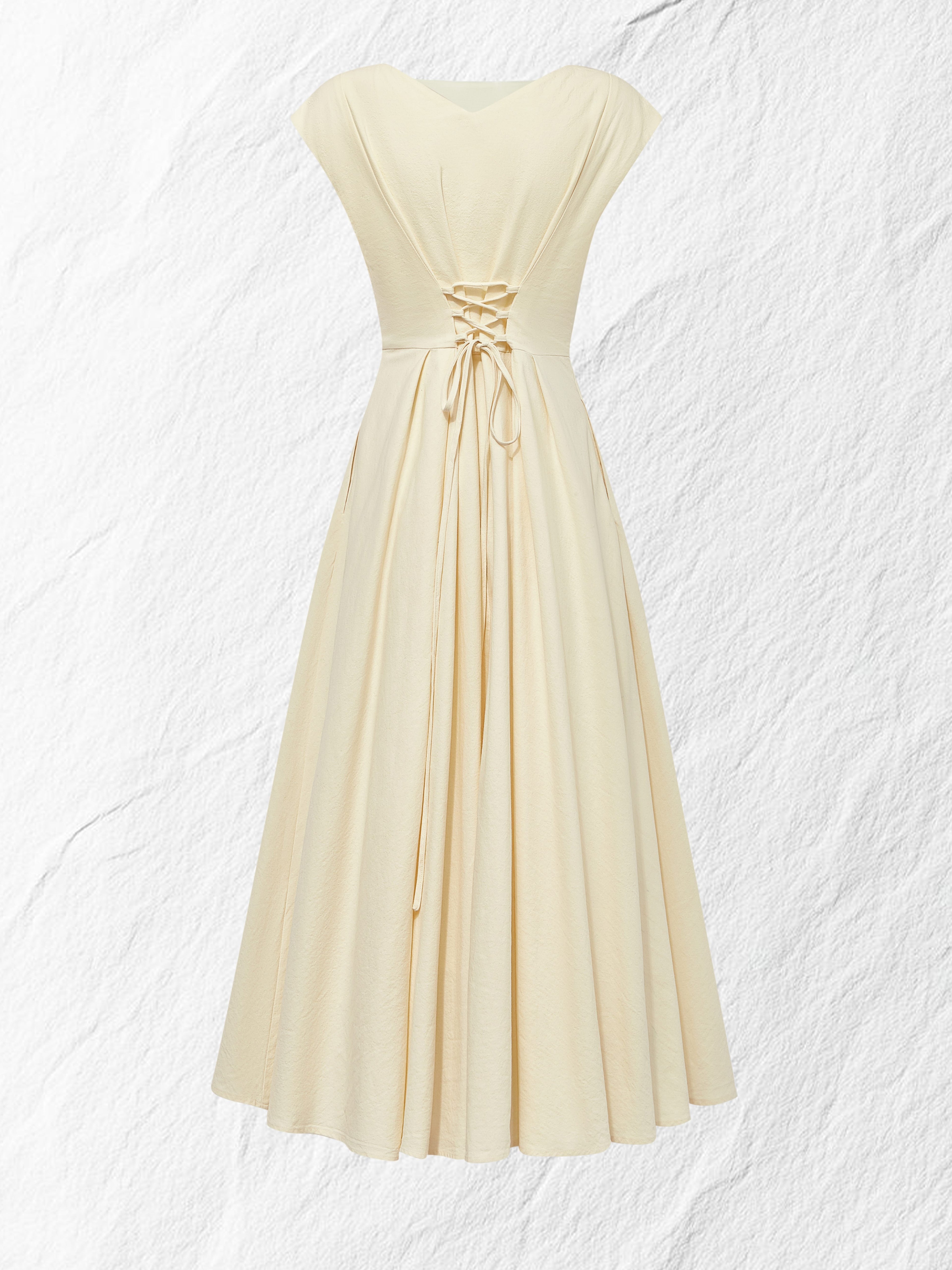 Linen Midi Dress, Cap Sleeve, Boat Neck, Plain, Vintage, Off White