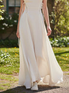 Maxi Linen Dress, Sleeveless, Round Neck, Plain, Ruffles, French Vintage, White
