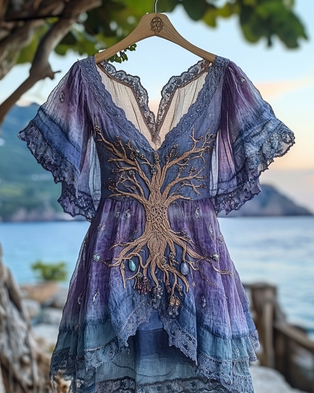 Summer Viking Tribal Celtic Tree of Life Gradient Lace Splicing Ruffle Top e14b