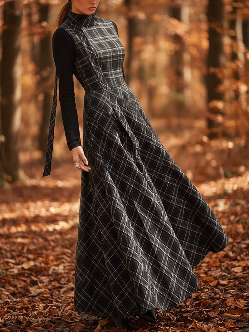 Maxi Linen Dress, Sleeveless, Stand Collar, Plaid, Vintage, Black