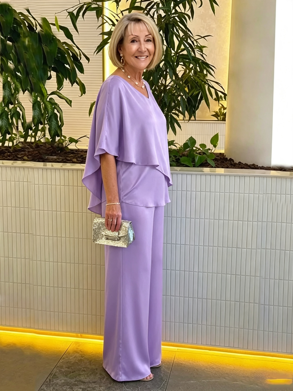 Women's 2 Piece Satin Pantsuit, V Neck Cape Flutter Sleeve Double Layer Tunic Top & Wide Leg Trousers, Elegant Loose Matching Outfit Set for Wedding Guest Formal Occasion