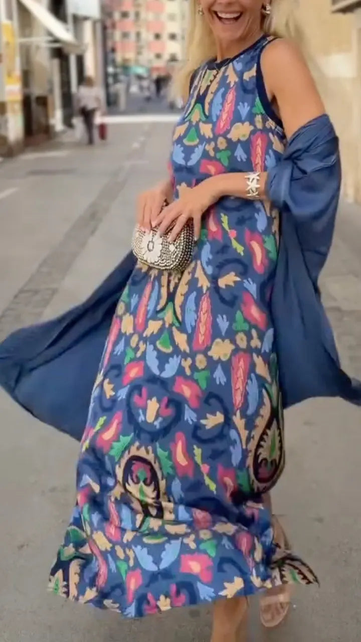 Women's Vintage Round-Neck Dress & Solid-Color Satin Cardigan Set