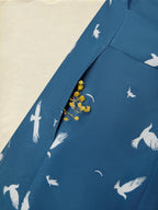 Maxi Linen Dress, Long Sleeves, Shawl Collar, Bird, Button Design, Vintage, Blue