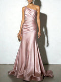 Pink Ruched Satin One Shoulder Sleeveless A-Line Gown Dress