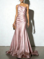 Pink Ruched Satin One Shoulder Sleeveless A-Line Gown Dress