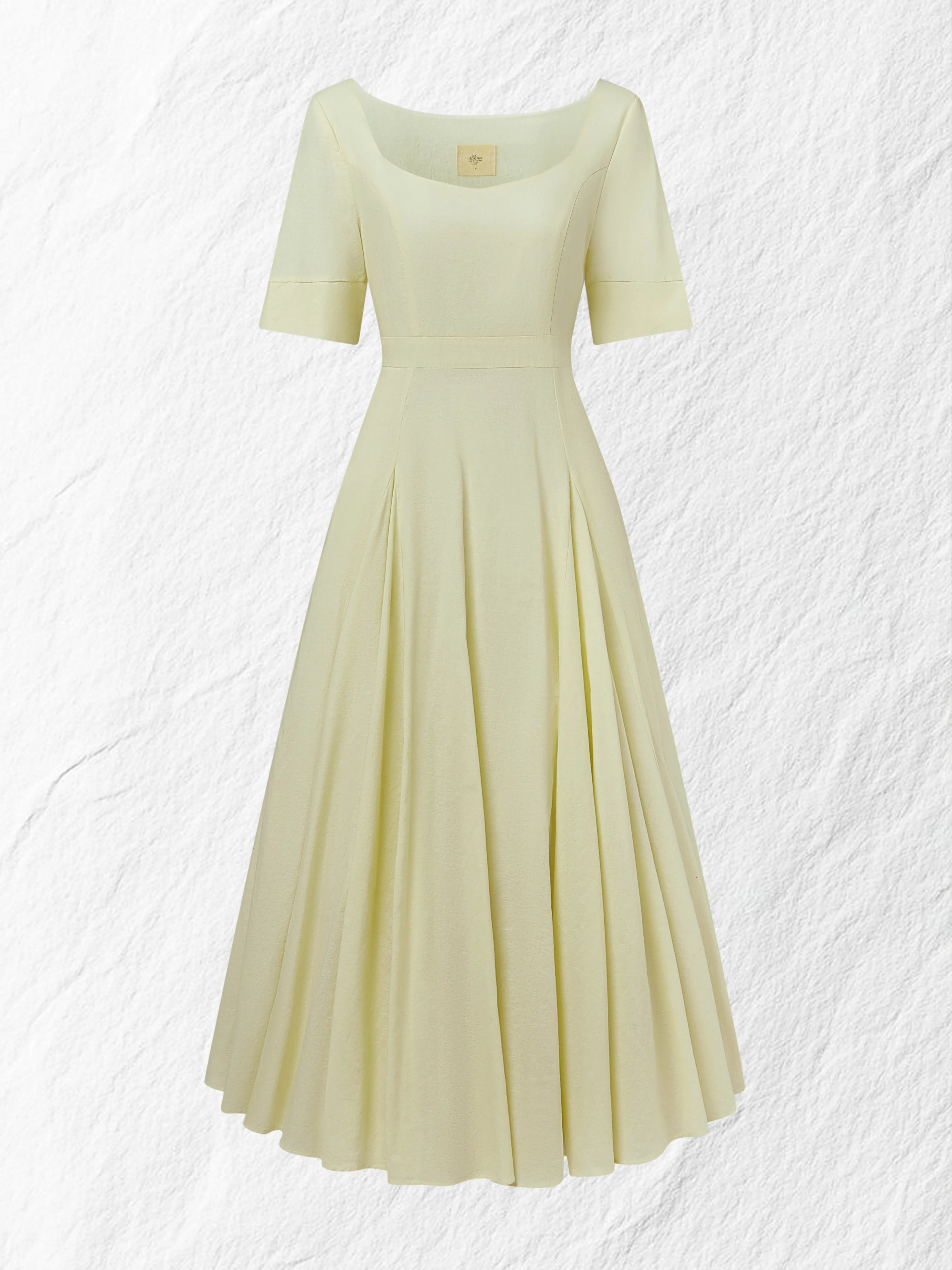 Maxi Linen Dress , Short Sleeves, Square Neck, Plain, Vacation, French Vintage, Light Yellow